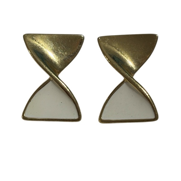 Avon Vintage Gold-tone & Ivory Bow Twist Earrings, pierced - Picture 1 of 3